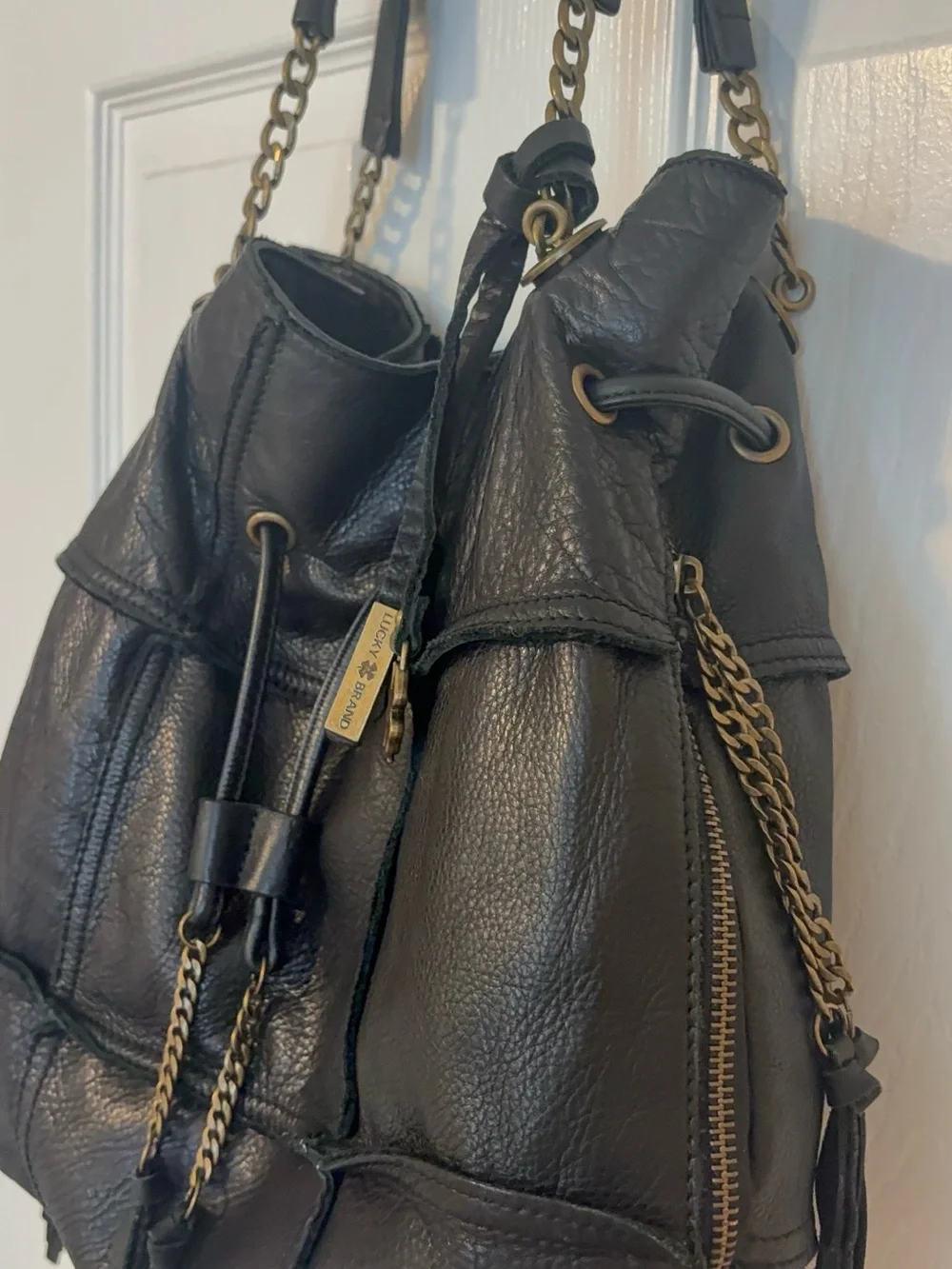 Lucky Brand Black Leather Drawstring Hobo with Chain Strap